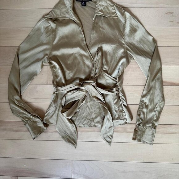 Sandra Angelozzi 95% Silk Wrap Blouse – Golden Beige Party Top Size S - Picture 2 of 8